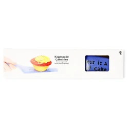 Blue cake slicer with text
