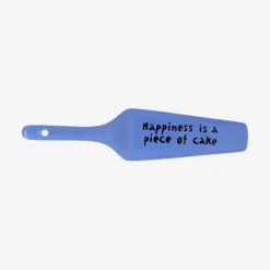 Blue cake slicer with text