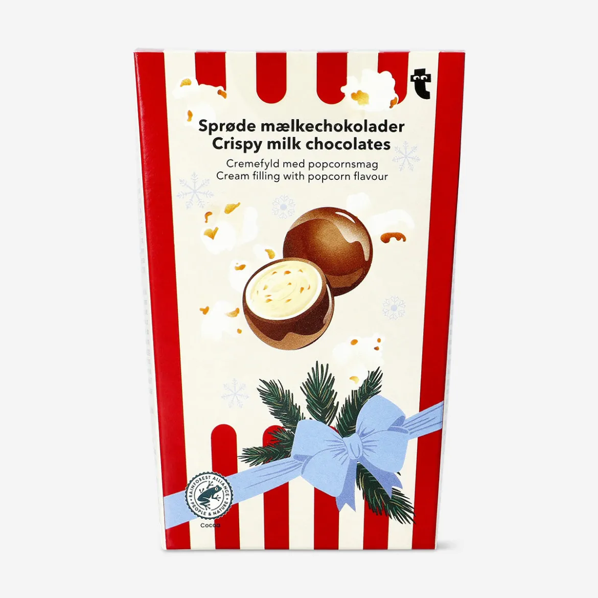 Crispy milk chocolates with popcorn