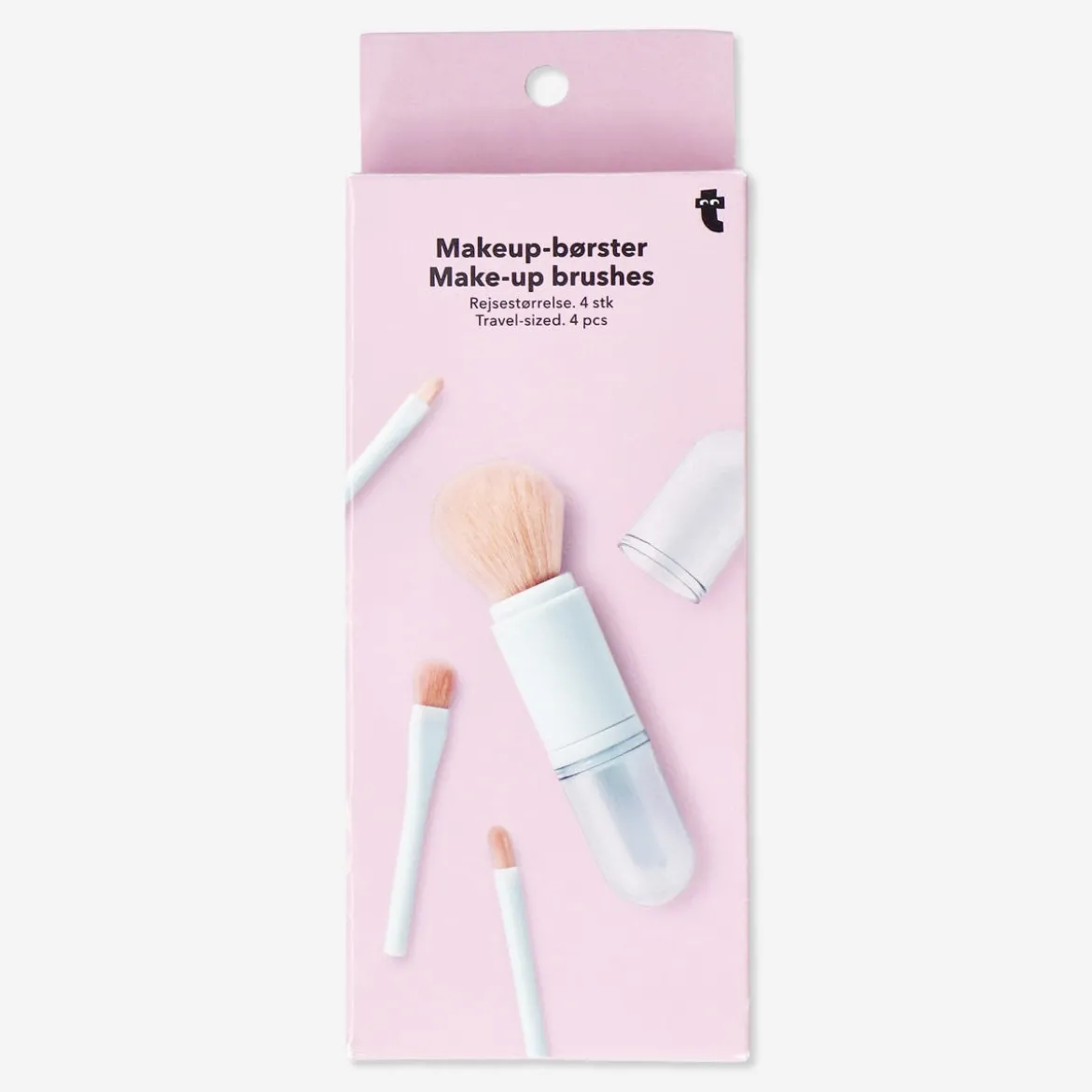 Four-piece multi-coloured travel make-up brushes
