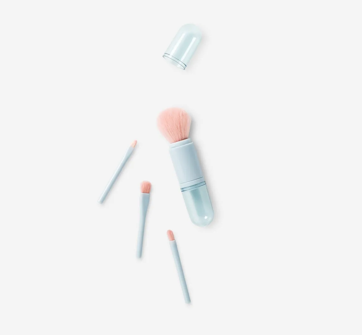 Four-piece multi-coloured travel make-up brushes
