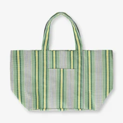 Green mesh shopper bag with stripes