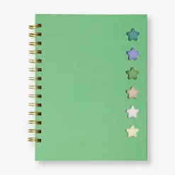 Green notebook with ballpoint pen and memos