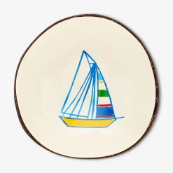 Hand-painted coconut bowl with boat motif - 13 cm