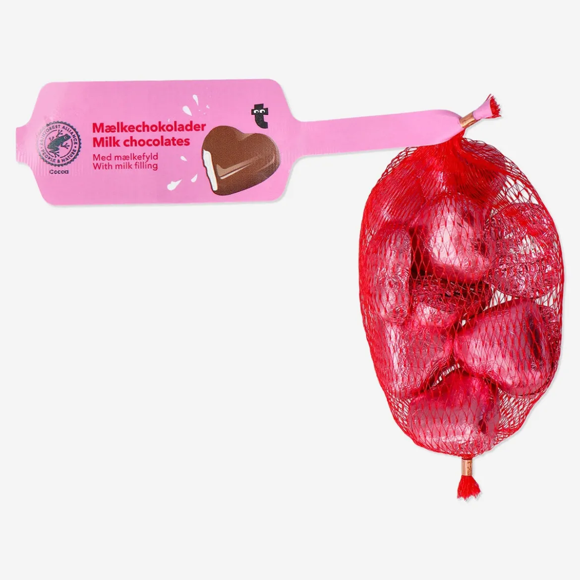 Milk chocolate hearts in net with milky cream filling
