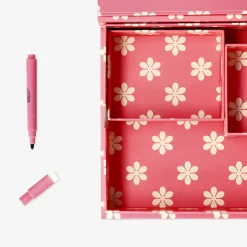 Pink floral desk tidy with planner board and marker