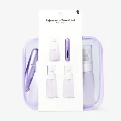 Purple travel set with perfume bottle