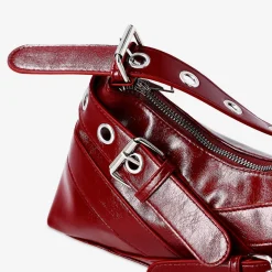 Red shoulder bag with buckles